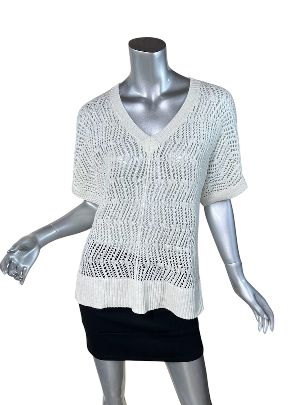 Sonoma Women's Large Pullover Open Knit Sweater Short Sleeve V Neck Top Cream